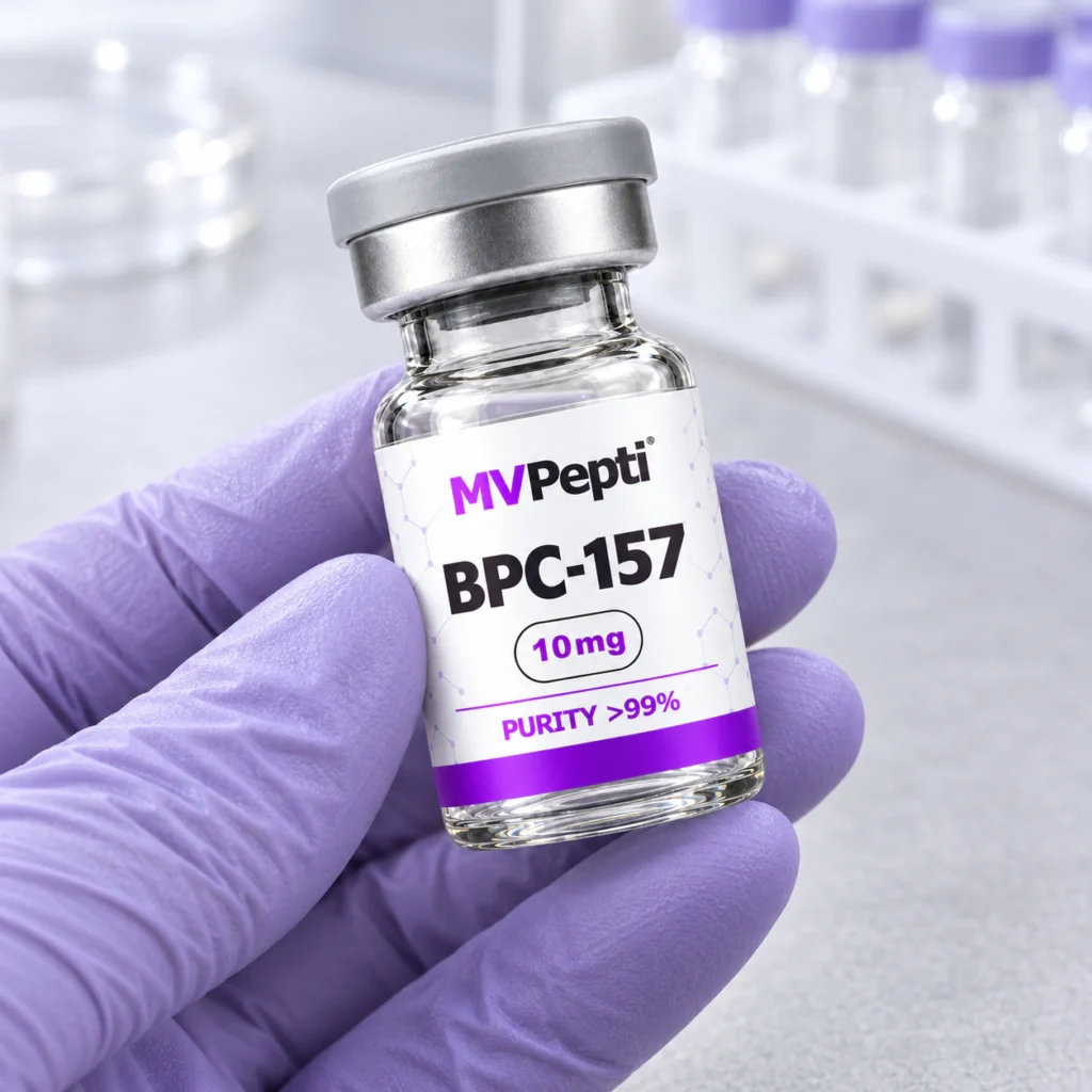 Wizualizacja fiolki BPC-157 MVPepti w rękawiczce