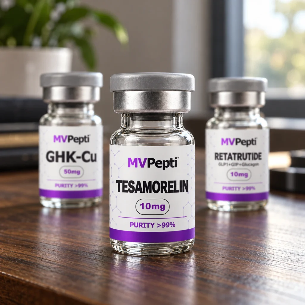 Wizualizacja fiolki Tesamorelin MVPepti na ciemnym blacie